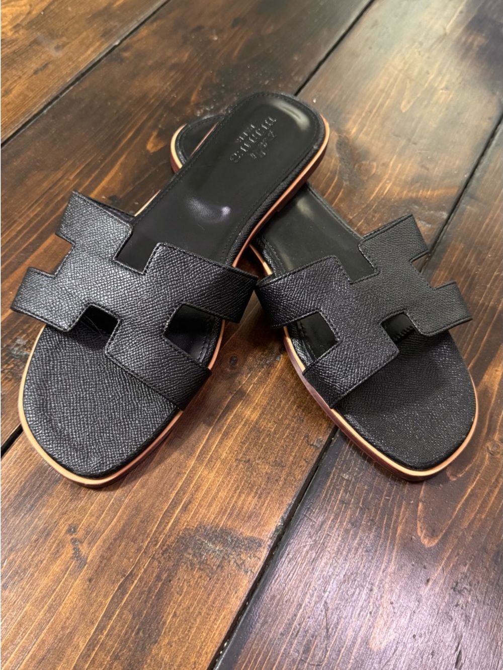 Hermes style Black Oran Leather Slide Sandals 41